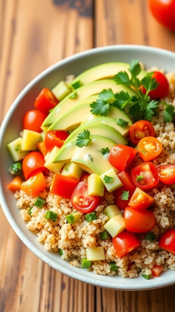 Nutritious Quinoa Bowl Recipe A colorful quinoa bowl with tomatoes, cucumbers, bell peppers, and avocado, garnished with cilantro on a wooden table.